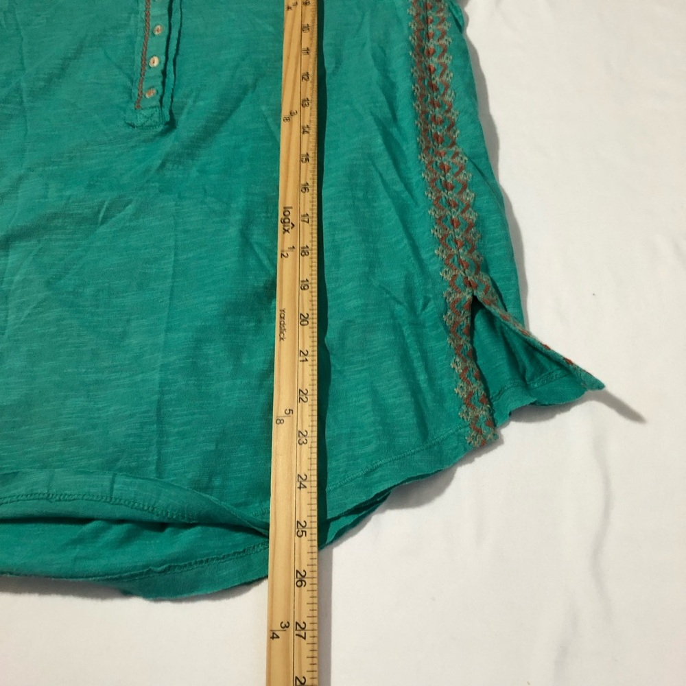 Sundance cotton Henley tshirt blue embroidery pointelle shoulder turquoise sz S - Picture 5 of 13